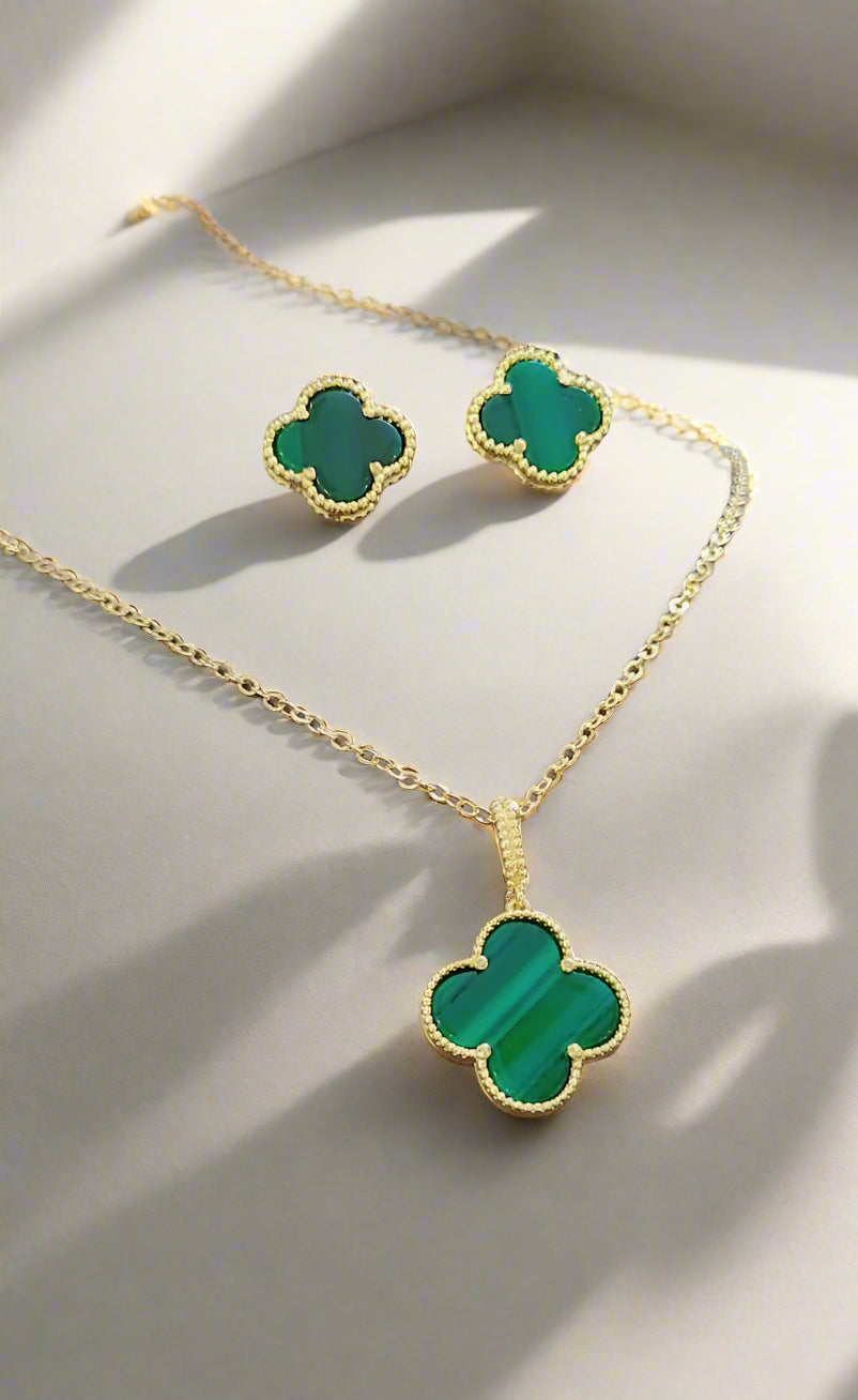 Elegant Clover Green Onyx Jewelry Set – Gold Plated Necklace & Stud Earrings