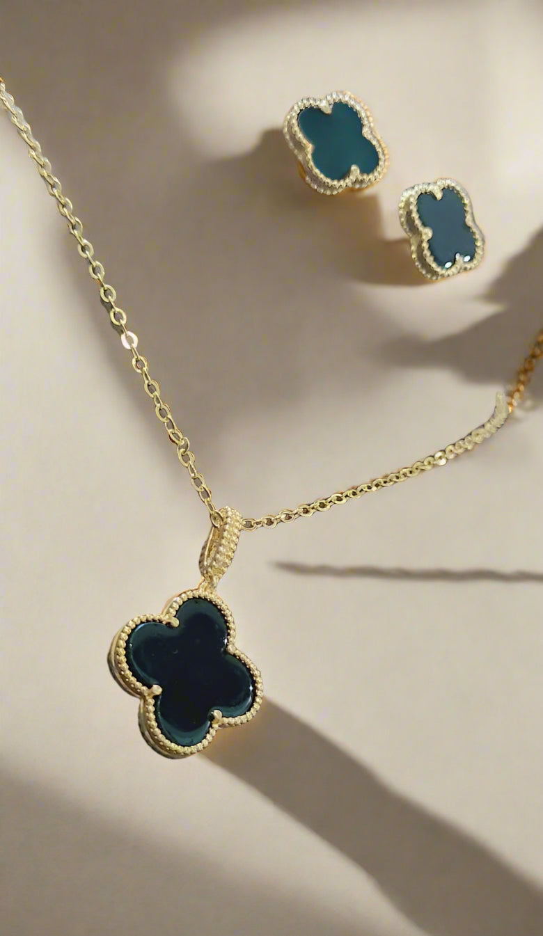 Elegant Clover Green Onyx Jewelry Set – Gold Plated Necklace & Stud Earrings