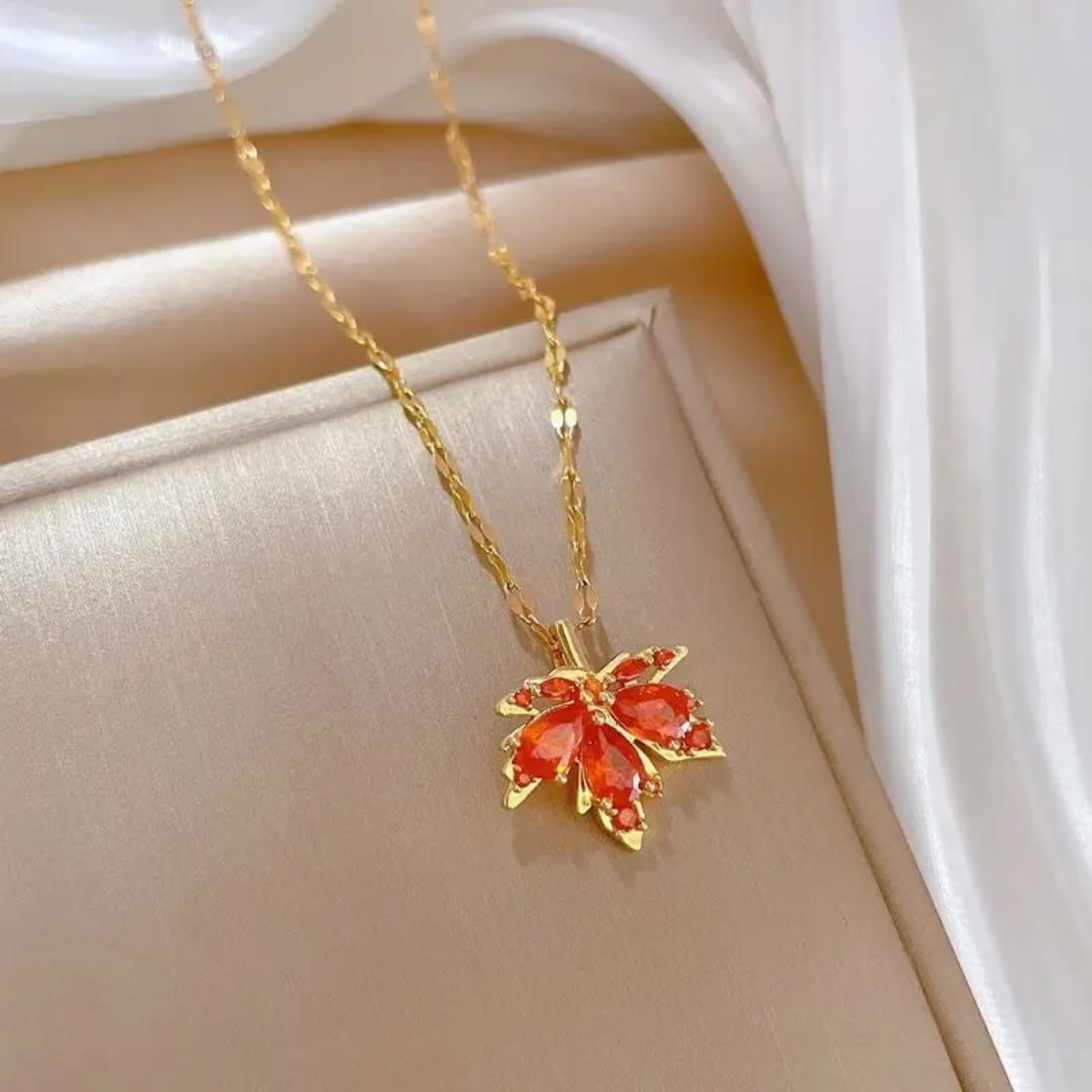 Orange Leaf Pendant Necklace – Autumn-Inspired Elegant Jewelry