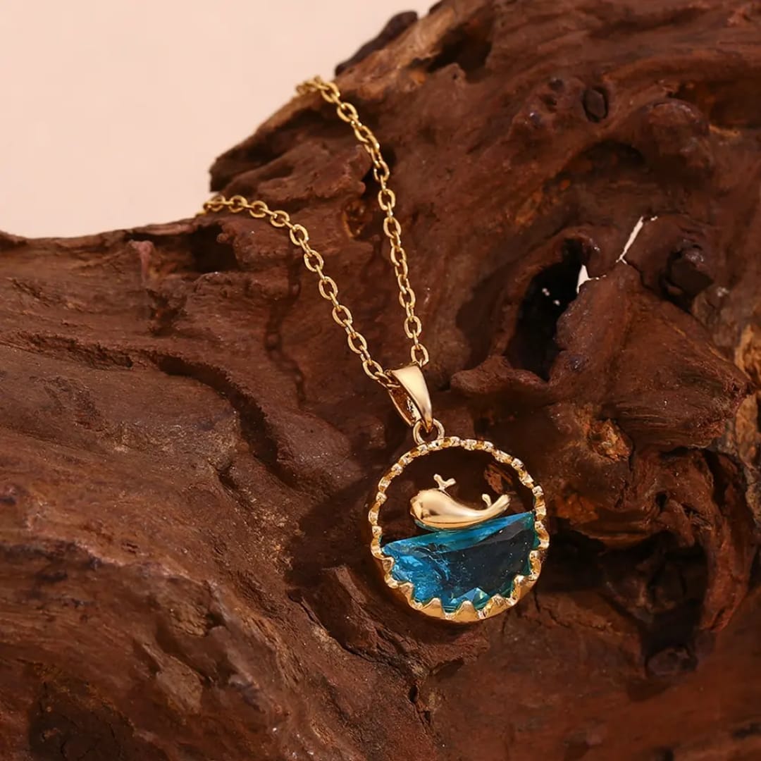 Golden Dolphin Ocean Wave Pendant – Blue Crystal Necklace