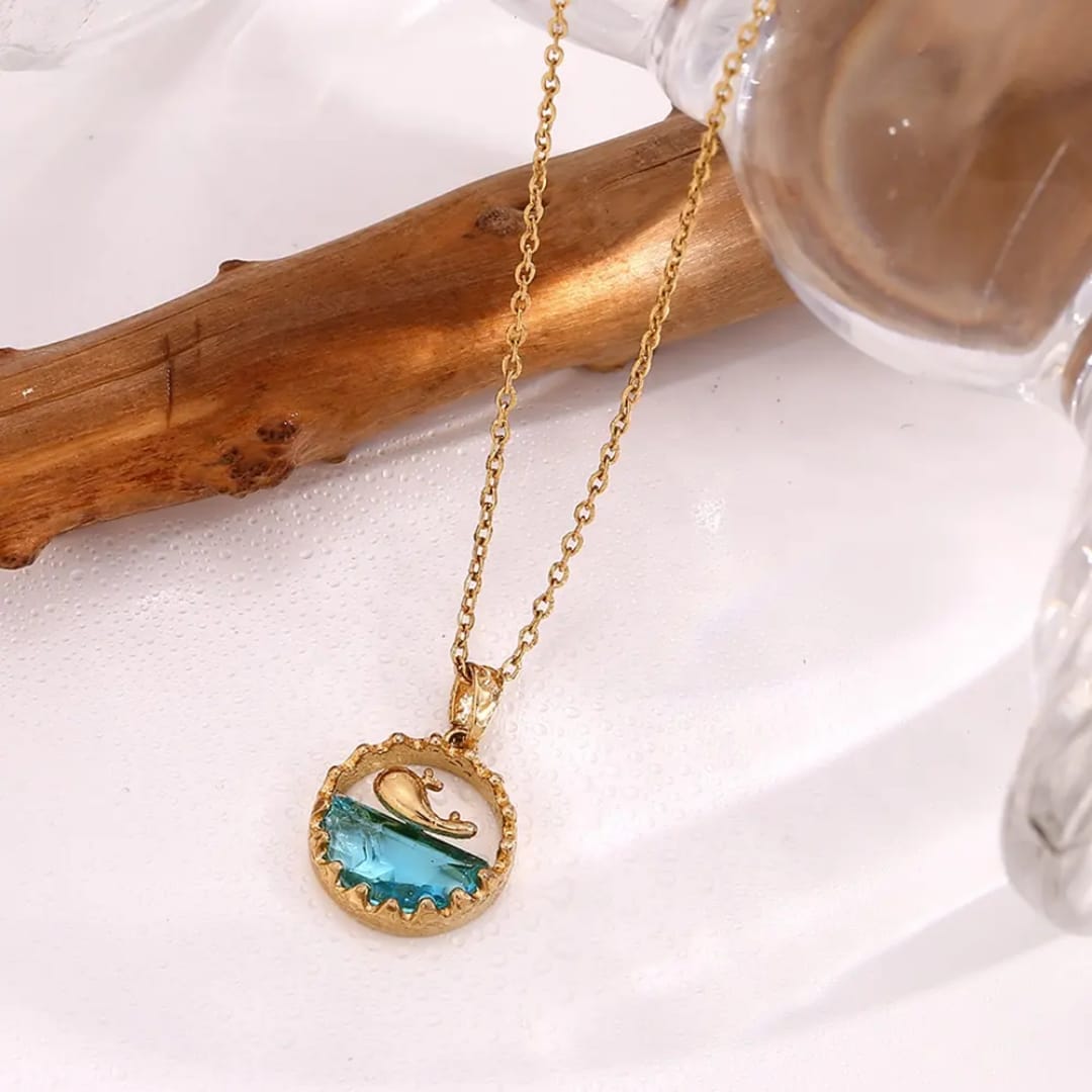 Golden Dolphin Ocean Wave Pendant – Blue Crystal Necklace