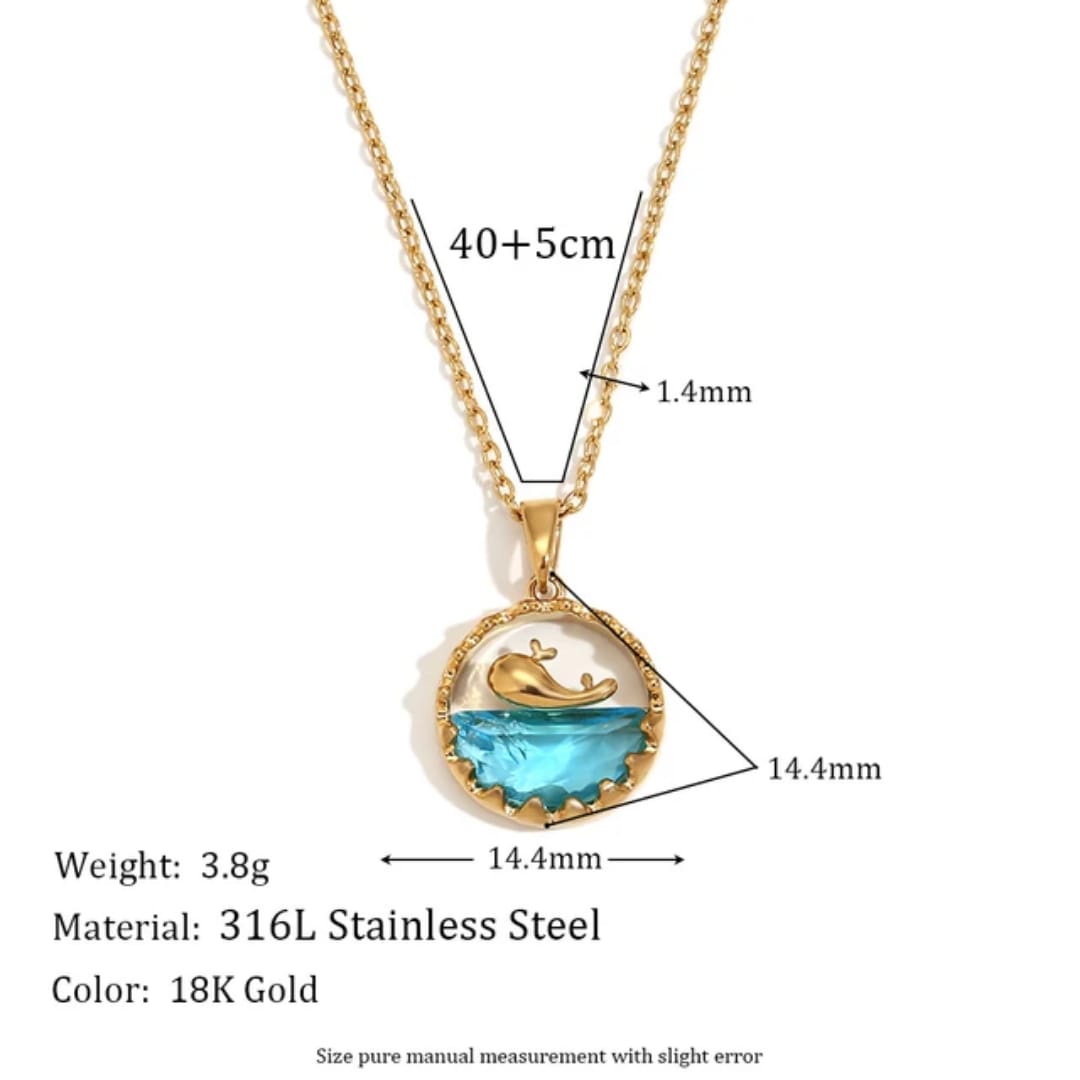 Golden Dolphin Ocean Wave Pendant – Blue Crystal Necklace