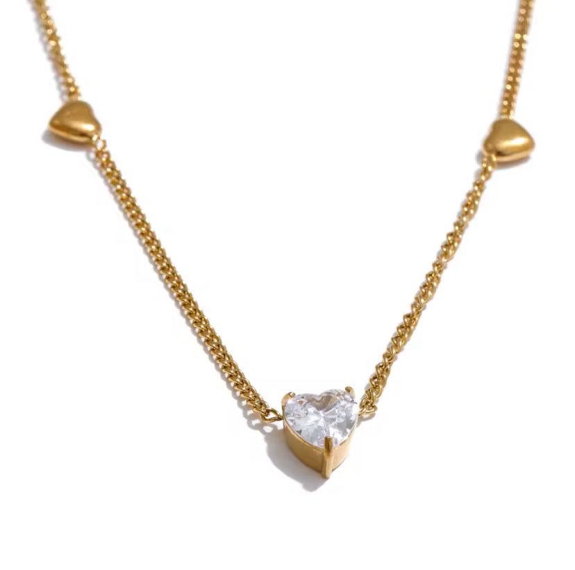 Crystal Heart Charm Necklace – Elegant Gold Chain with Dainty Hearts