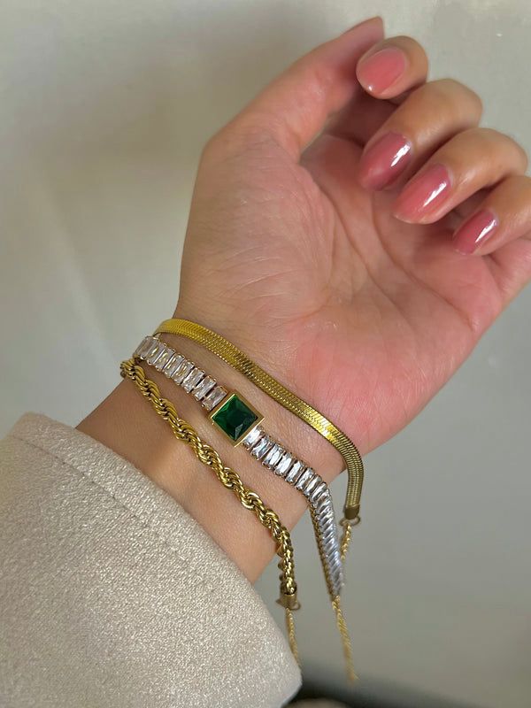 3-Piece Elegant Bracelet Set – Dual Tone with Green & White Stones