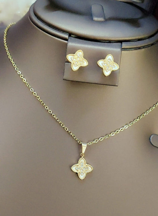 Clover Charm Necklace & Earrings Set – Gold Finish | Tarnish-Free