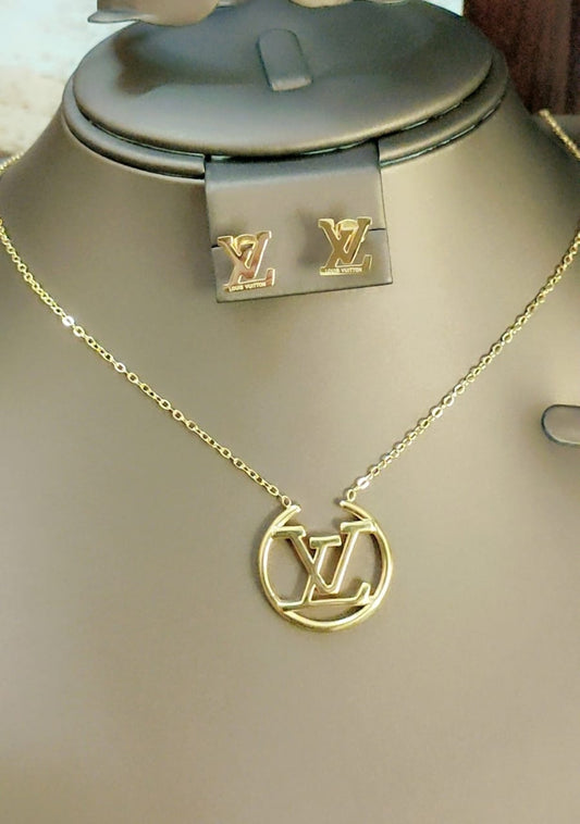 Designer-Inspired Gold Necklace & Earrings Set – Logo Style | Tarnish-Free