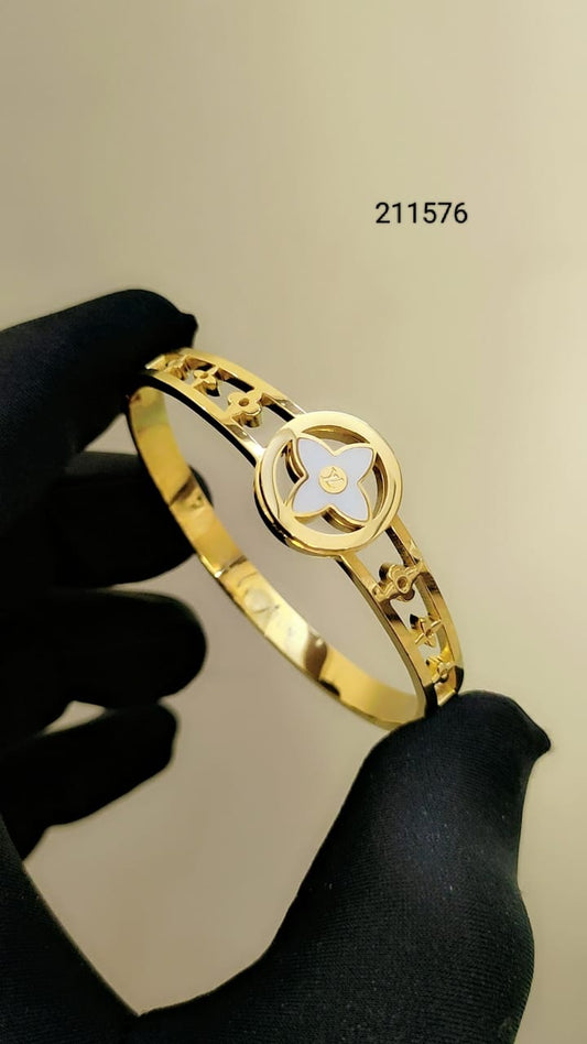 Luxury Gold Designer-Inspired Bangle | White Enamel Clover Design
