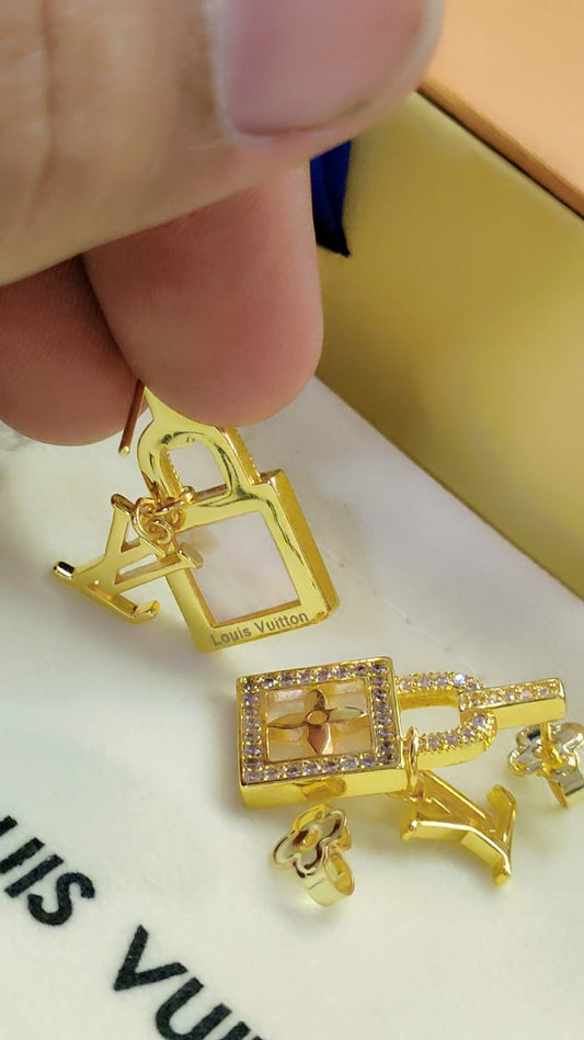 Tarnish-Free Lock Design Earrings with LV Detail – Gold Finish