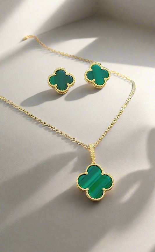 Elegant Clover Green Onyx Jewelry Set – Gold Plated Necklace & Stud Earrings