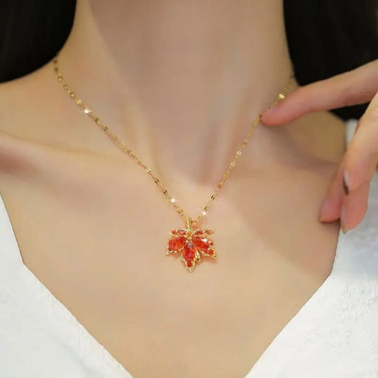 Orange Leaf Pendant Necklace – Autumn-Inspired Elegant Jewelry