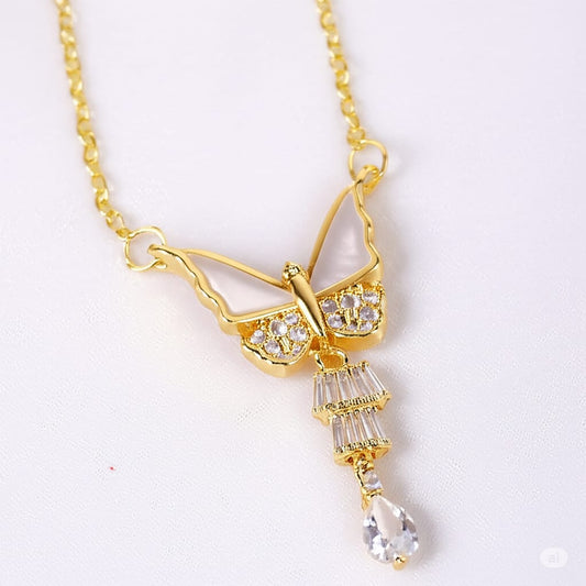 White Butterfly Pendant Necklace – Elegant Gold Chain Charm