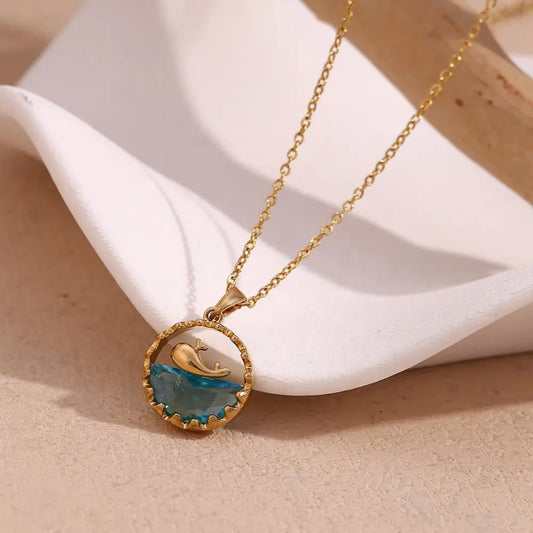 Golden Dolphin Ocean Wave Pendant – Blue Crystal Necklace