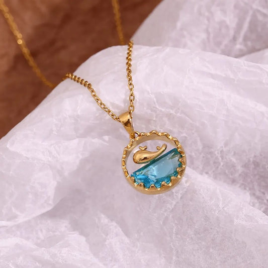 Golden Dolphin Ocean Wave Pendant – Blue Crystal Necklace