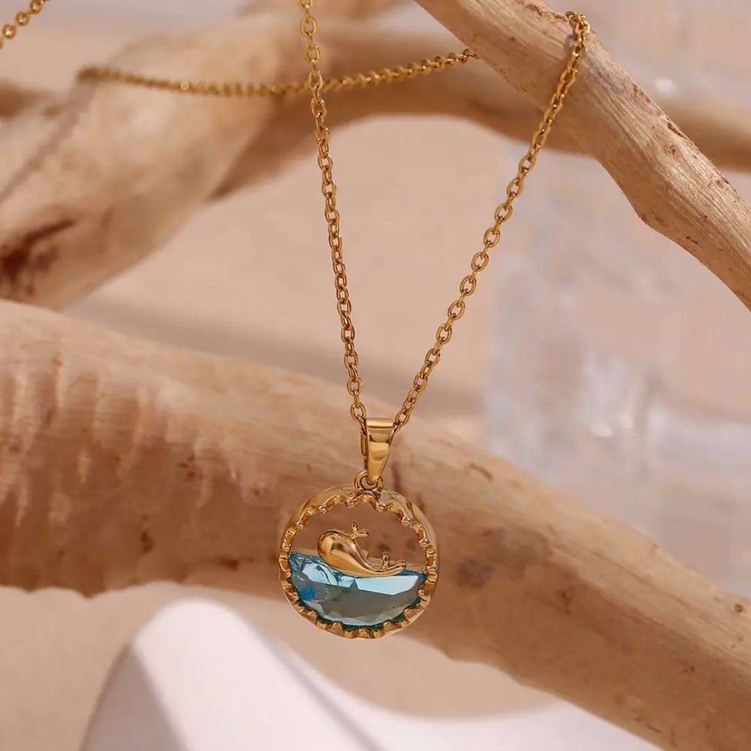 Golden Dolphin Ocean Wave Pendant – Blue Crystal Necklace