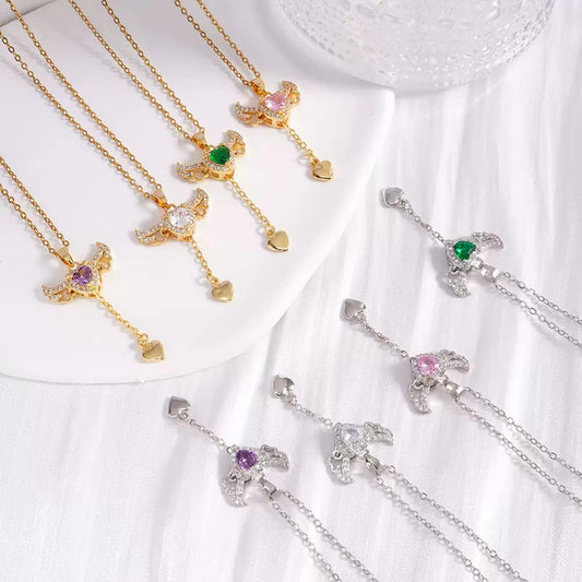 Gold Bird Pendant Necklace – Sparkling Stone with Heart Drop Charm