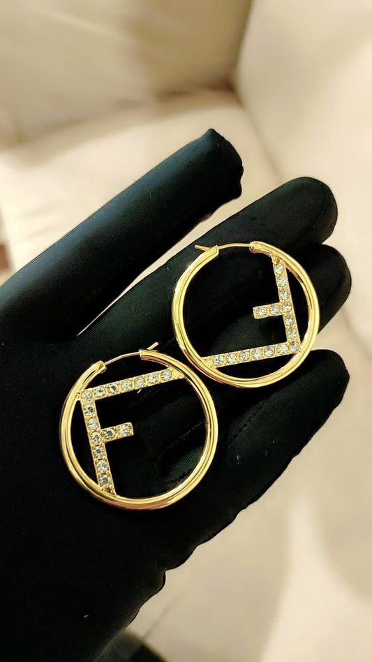Gold & Silver Round Designer-Inspired Earrings with F Letter