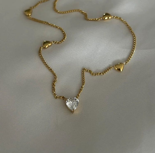Crystal Heart Charm Necklace – Elegant Gold Chain with Dainty Hearts