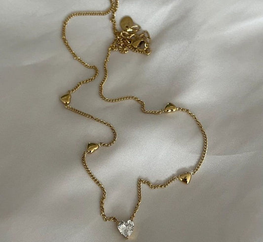 Crystal Heart Charm Necklace – Elegant Gold Chain with Dainty Hearts