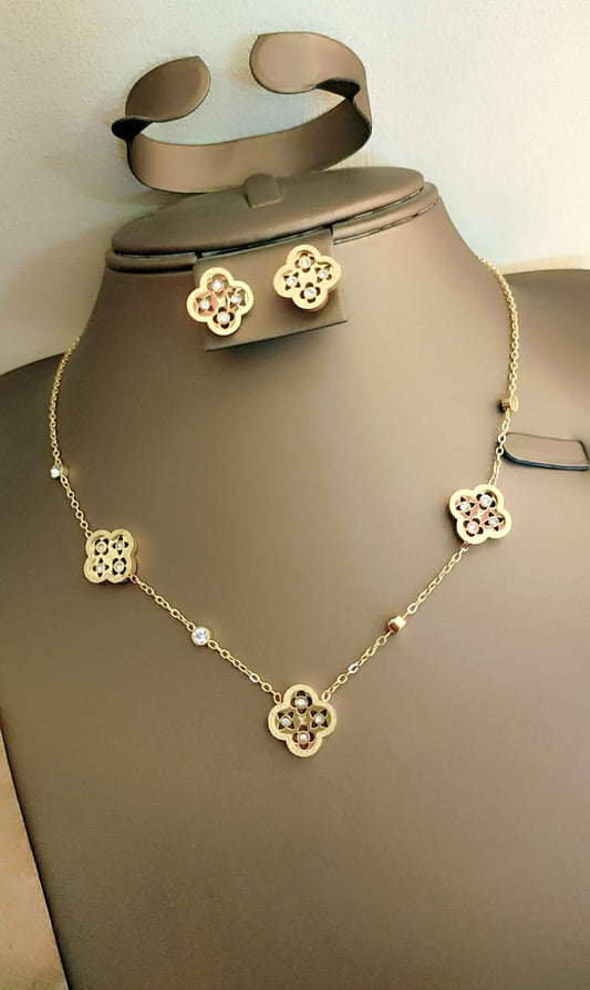 Clover Charm Jewelry Set – Necklace & Earrings in Gold Finish
