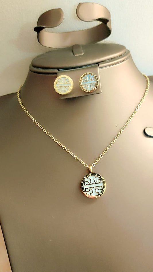 Designer-Inspired Necklace & Earrings Set – Gold Logo Charm Jewelry