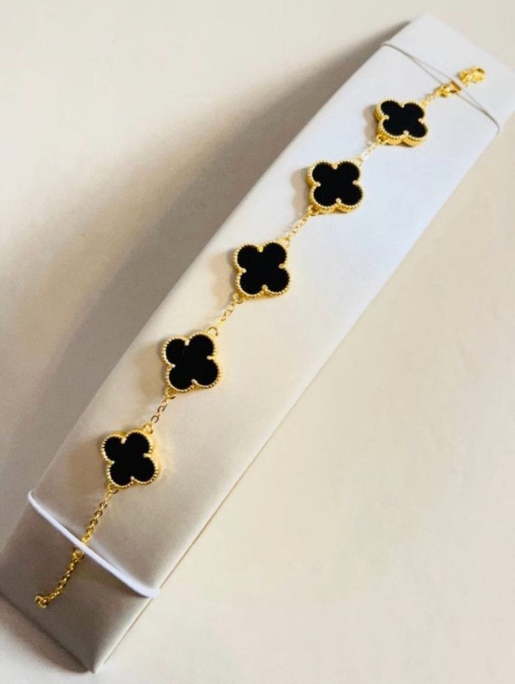Premium Quality Clover Bracelet – Green, White & Black Charms on Gold Chain