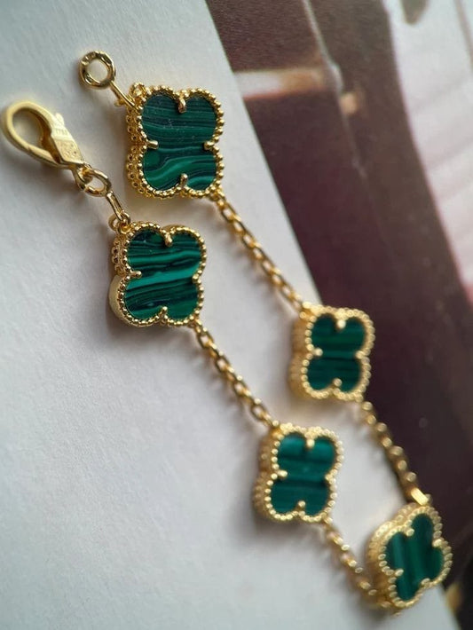 Premium Quality Clover Bracelet – Green, White & Black Charms on Gold Chain