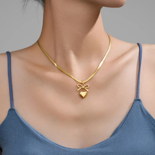 Romantic Heart Necklace with Bow – Gold Finish