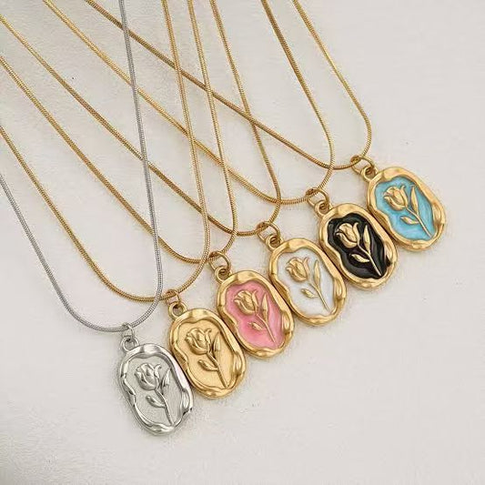 Tulip Bloom Enamel Pendant Necklace – Vintage Charm in 6 Colors
