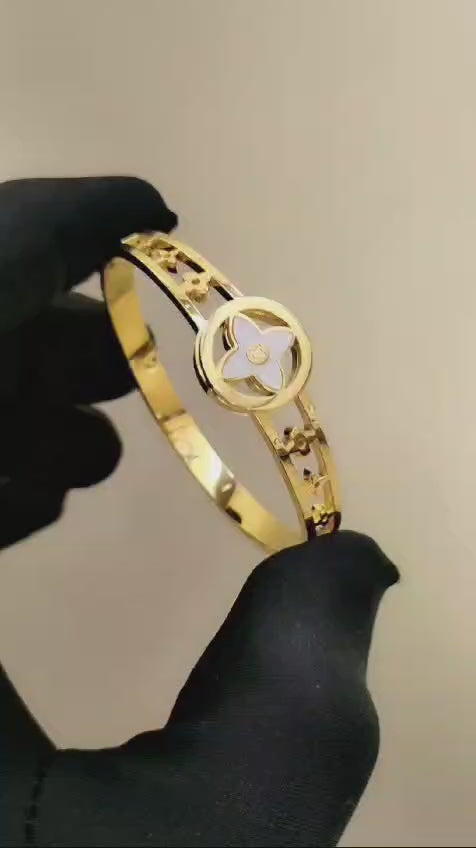 Luxury Gold Designer-Inspired Bangle | White Enamel Clover Design